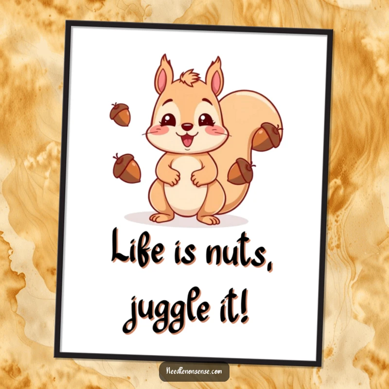 Funny Free Printable Wall Art: Adorable kawaii squirrel comically juggling acorns with a wide-eyed, surprised expression, adding humor to decor.