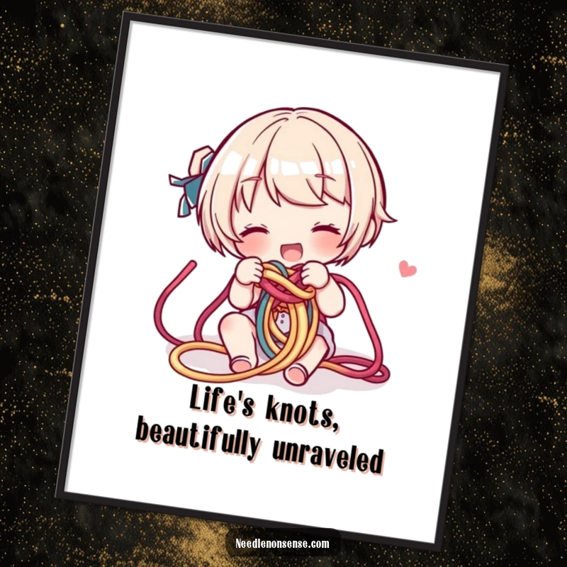 Funny Free Printable Wall Art: Character playfully untangling a huge knot of vibrant yarn, a whimsical artistic statement.