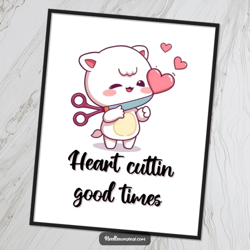 Funny Free Printable Wall Art: A mischievous character playfully uses scissors to cut a floating heart with a cheeky expression.