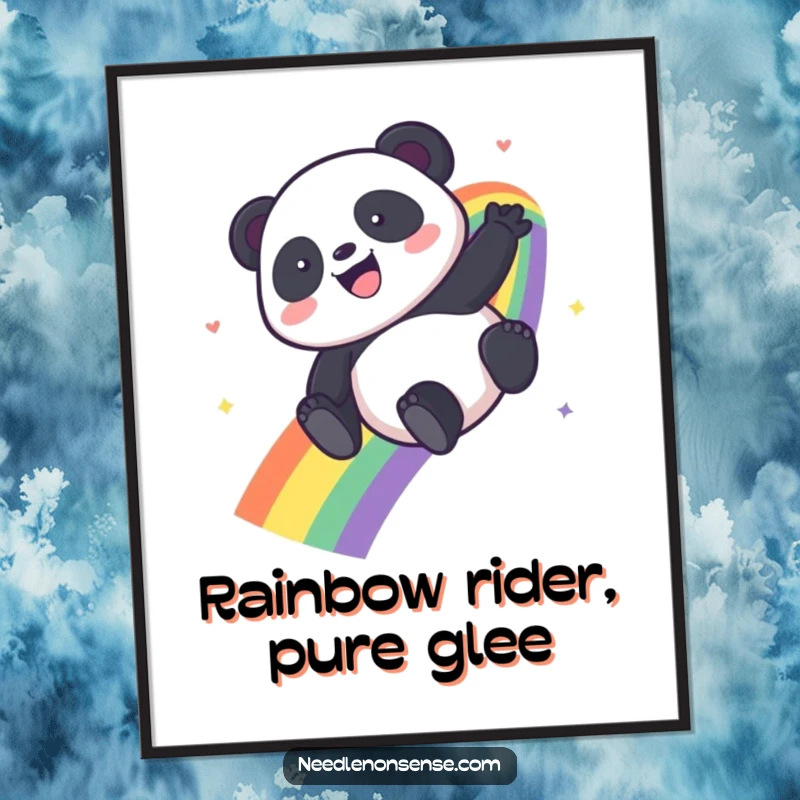 Funny Free Printable Wall Art: A kawaii panda slides with glee down a colorful rainbow, adding whimsical joy to any room.