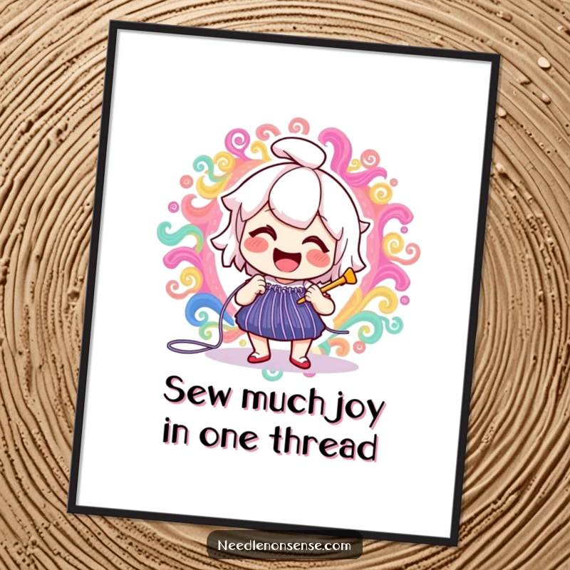 Funny Free Printable Wall Art: A delighted needle character is joyfully stitching a vibrant, energetic, swirling pattern, abstract and colorful.