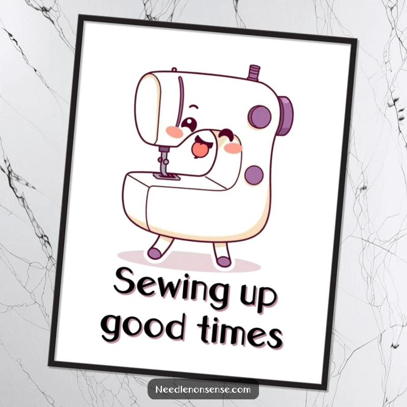 Funny Free Printable Wall Art of a happy sewing machine character enthusiastically doing a little dance.