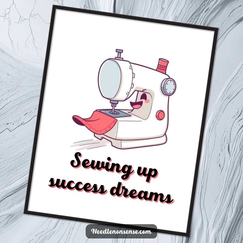 Funny Free Printable Wall Art: A mischievous sewing machine character zooming with glee across a fabric background.