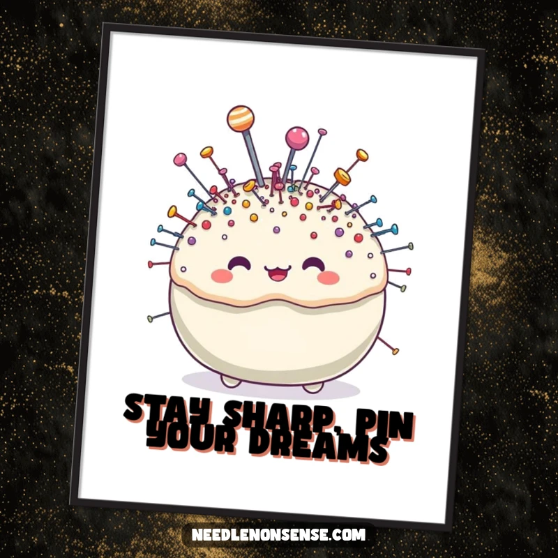 Funny Free Printable Wall Art featuring a cute pincushion character overflowing with tiny, sparkling pins, adding charm to any room.