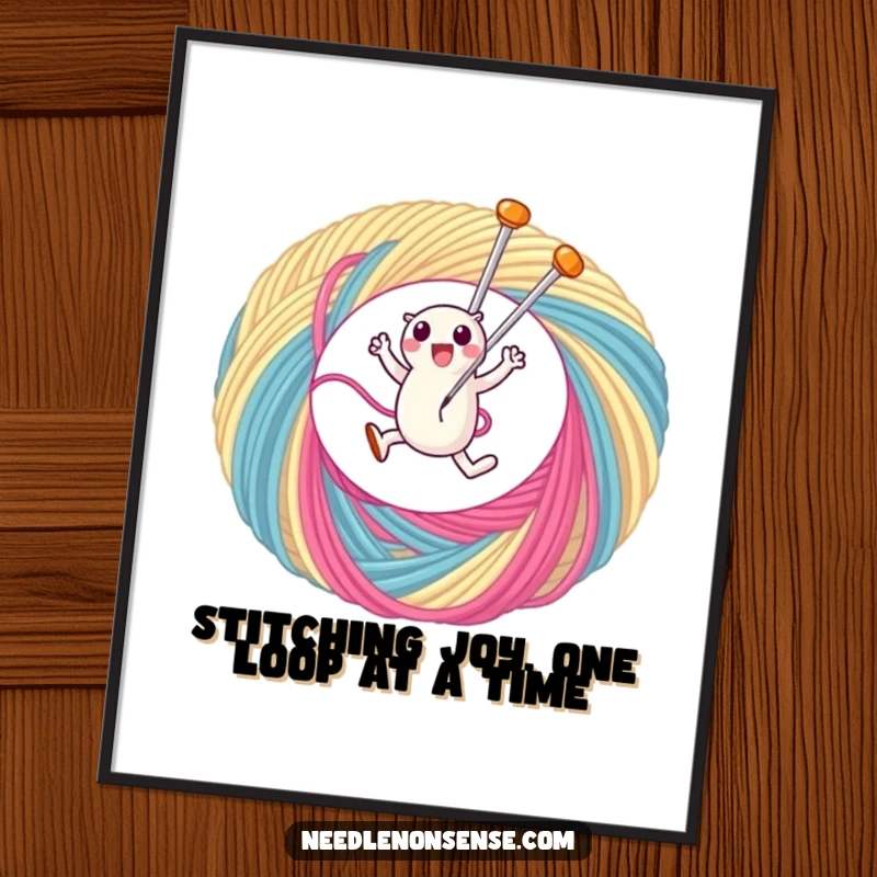 Funny Free Printable Wall Art: A cute needle character leaping gleefully through a giant, colorful loop of thread.
