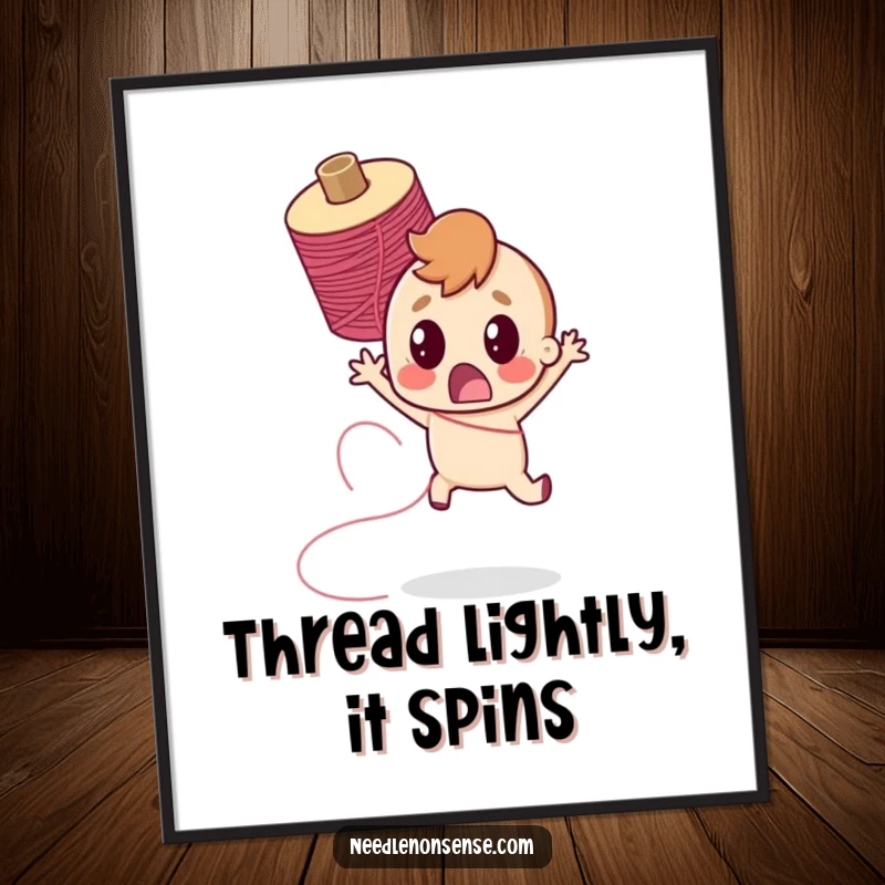 Funny Free Printable Wall Art: Surprised character jumping back as a spool of thread spins rapidly, humorous downloadable art.