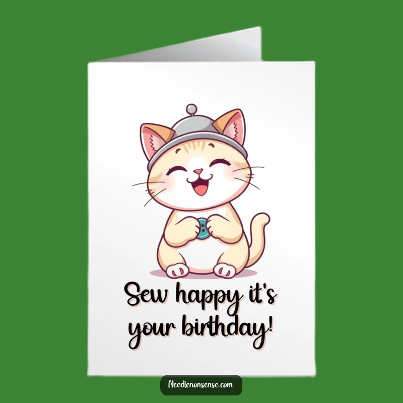 Free Printable Bday Card: Cat Sewing Button, Crafty & Funny Downloadable Gift
