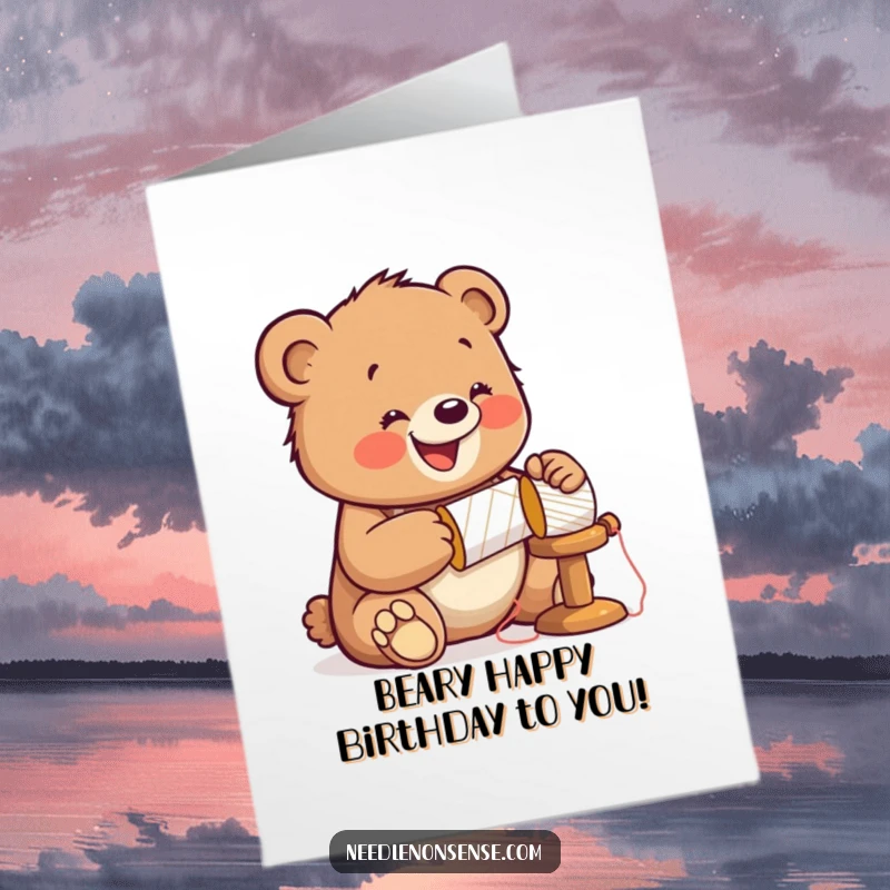 Funny Free Printable Birthday Card shows a jolly bear cub wearing a thimble, hammering a spool with gusto.
