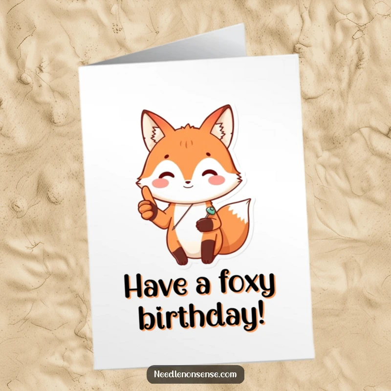 Funny Free Printable Birthday Card featuring a happy fox with a sewing pin, giving a confident thumbs up.
