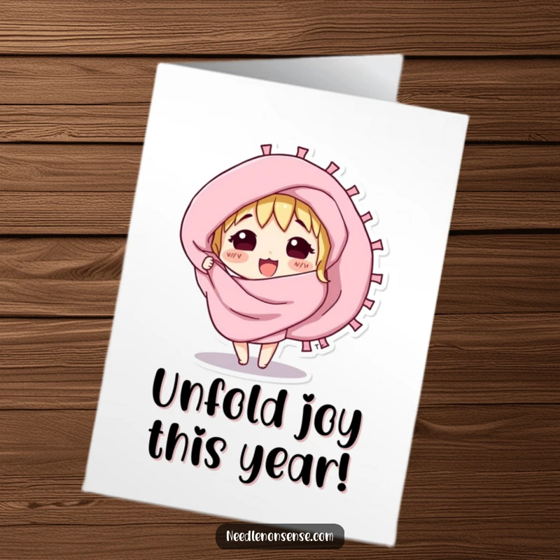 Funny Free Printable Birthday Card: a curious fabric swatch character excitedly unfurling, revealing colorful patterns and joy.