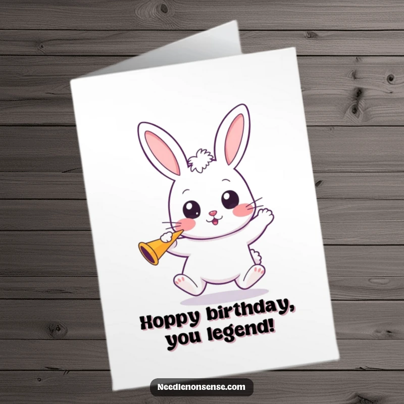Funny Free Printable Birthday Card featuring a bouncing kawaii bunny with wide eyes, happily blowing a party horn.