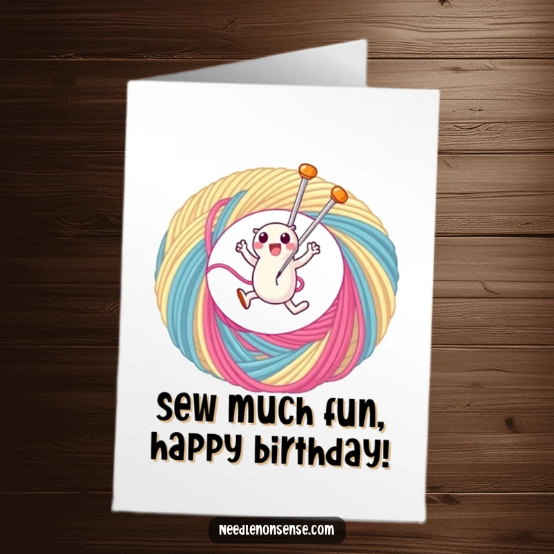 Funny Free Printable Birthday Card: A cheerful needle character mid-leap through a vibrant thread loop, ready to party.