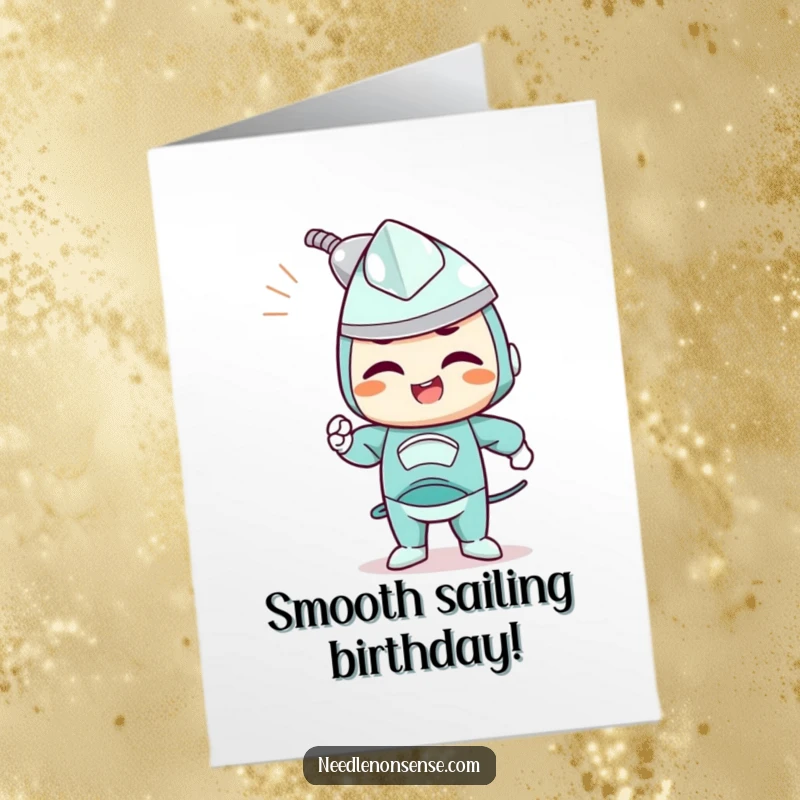 Funny Free Printable Birthday Card featuring a determined iron character joyfully smoothing out wrinkles, wishing a perfect day.