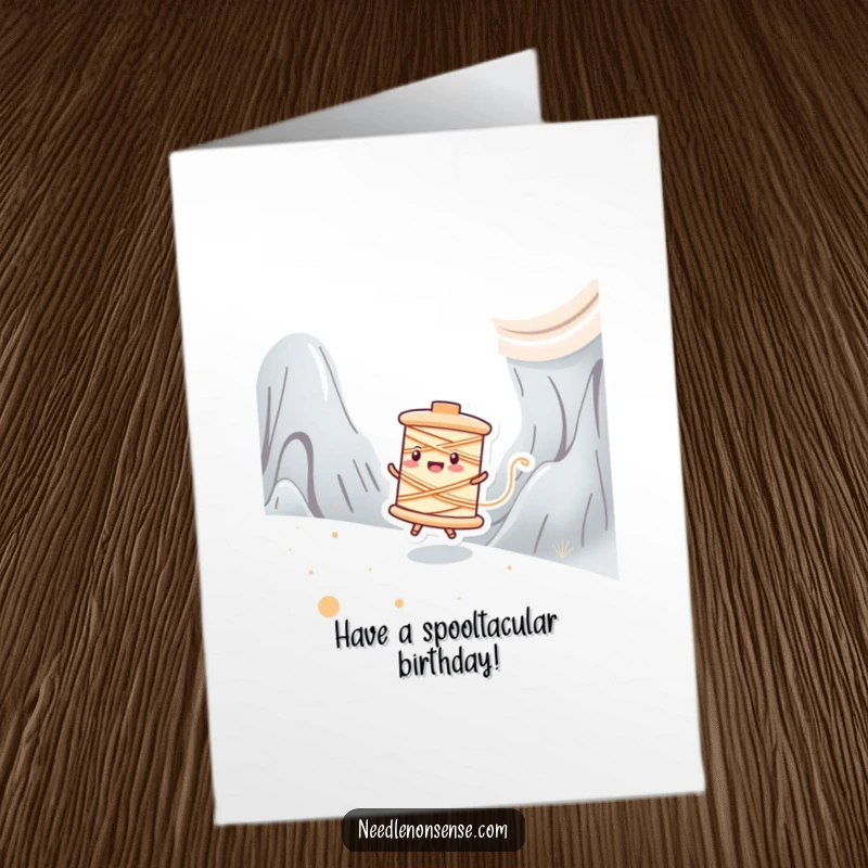 Funny Free Printable Birthday Card: A happy spool of thread character zipping energetically across a colorful fabric landscape.