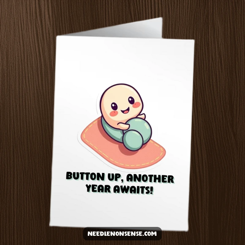 Funny Free Printable Birthday Card featuring a smiling button character playfully rolling down a fabric slope, a cute sewing theme.