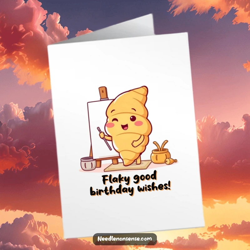 Funny Free Printable Birthday Card: a cheerful croissant character enthusiastically preparing a canvas for art.