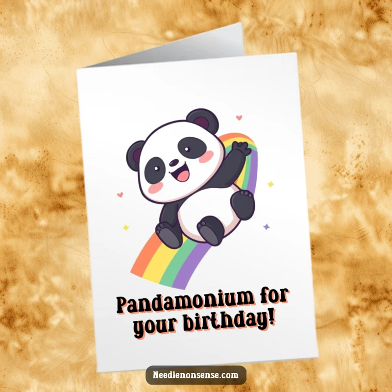 Funny Free Printable Birthday Card featuring a kawaii panda gleefully sliding down a bright rainbow, perfect for a joyful celebration.