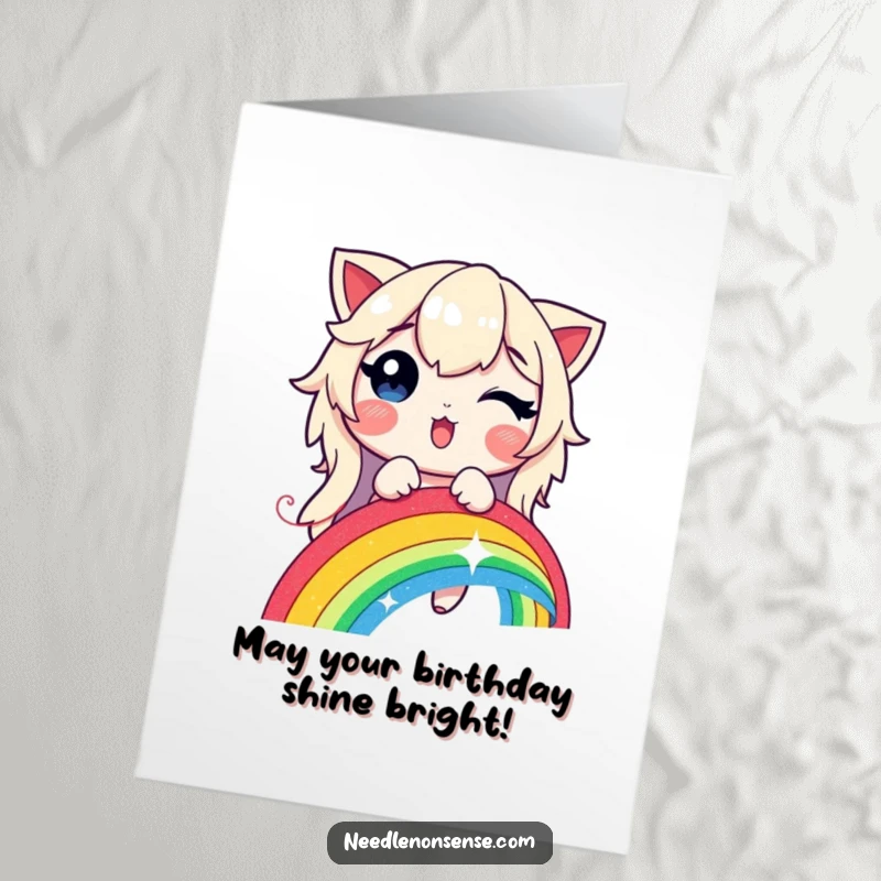 Funny Free Printable Birthday Card: A delighted character joyfully stitching a radiant rainbow using a shimmering, glowing thread.