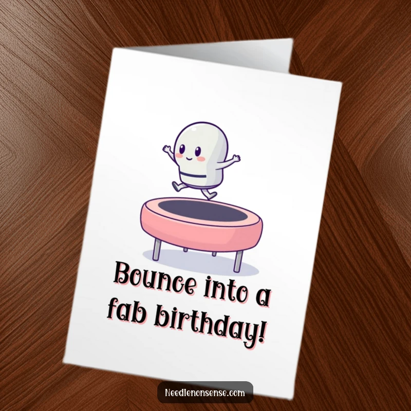 Funny Free Printable Birthday Card: Thimble character joyfully bouncing on a giant button like a trampoline.