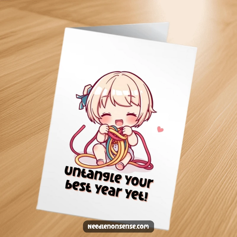 Funny Free Printable Birthday Card: Character hilariously tangled in colorful yarn, a relatable crafting mishap.