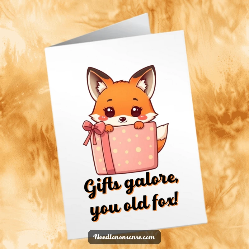 Funny Free Printable Birthday Card: Cute kawaii fox peeking from behind a giant gift, ready to surprise.