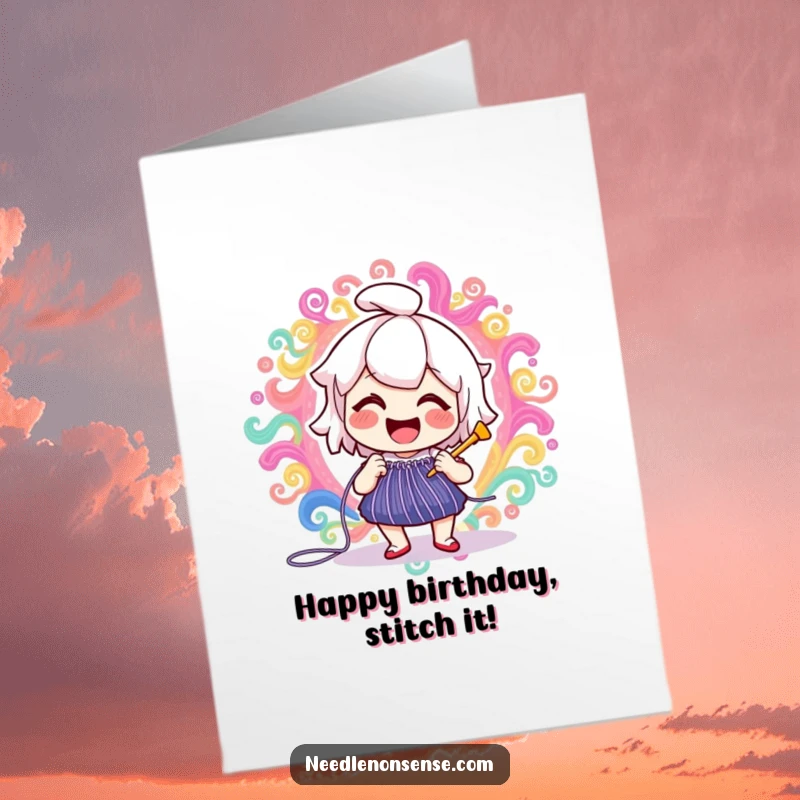 Funny Free Printable Birthday Card: A delighted needle character joyfully stitches a vibrant, swirling colorful pattern, crafting delight.