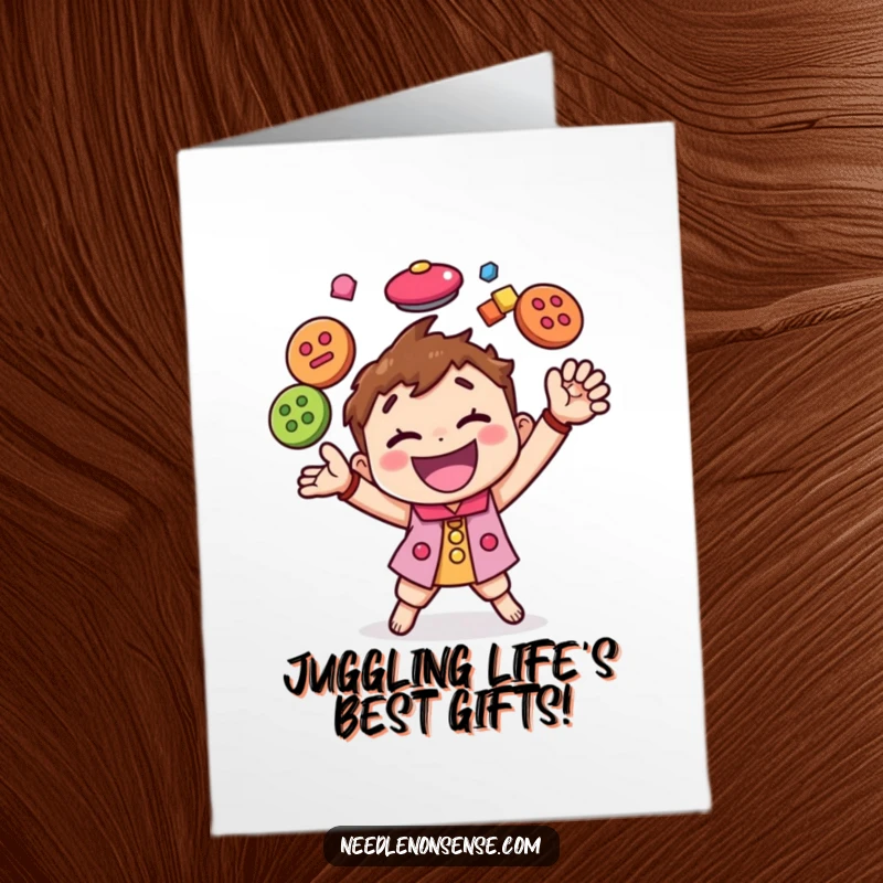 Funny Free Printable Birthday Card: Happy character energetically juggling colorful buttons with a vibrant, joyful motion.
