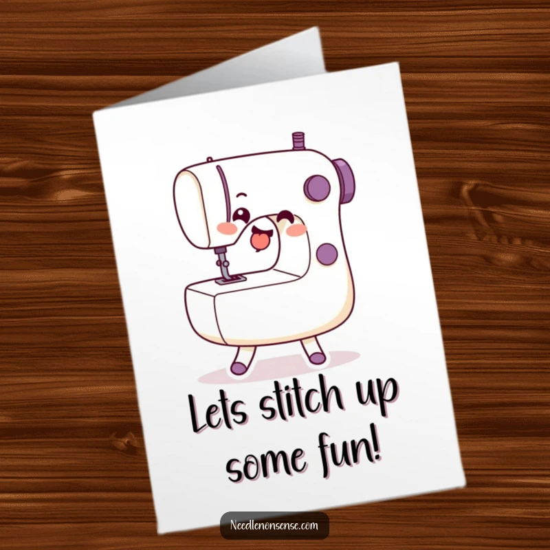 Funny Free Printable Birthday Card showing a happy sewing machine character doing a lively dance with its components.