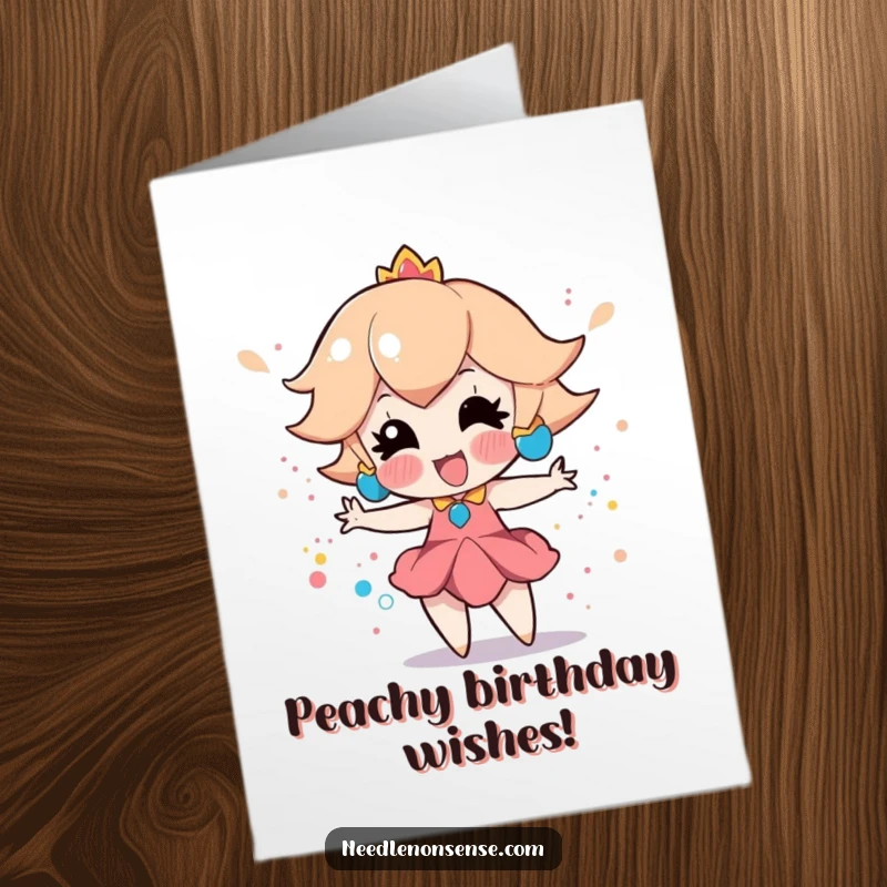 Funny Free Printable Birthday Card: Playful peach enthusiastically creates a splatter paint effect, a messy fun DIY gift.