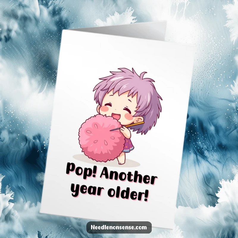 Funny Free Printable Birthday Card: Joyful character playfully pokes a huge, fluffy pom-pom with a sewing needle, anticipating fun.