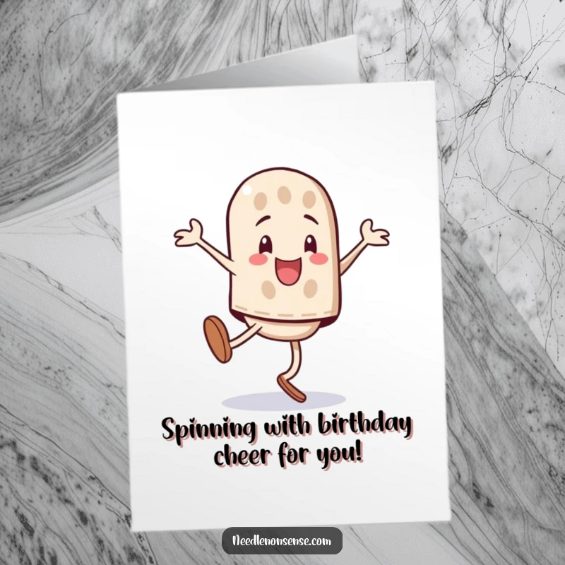 Funny Free Printable Birthday Card: A playful thimble character performs a joyful, triumphant cartwheel with energetic flair.