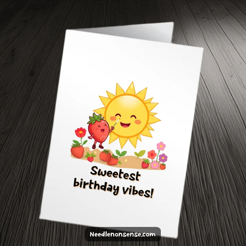 Funny Free Printable Birthday Card: Happy strawberry joyfully paints a giant smiling sun, radiating warmth and cheer, a DIY gift.