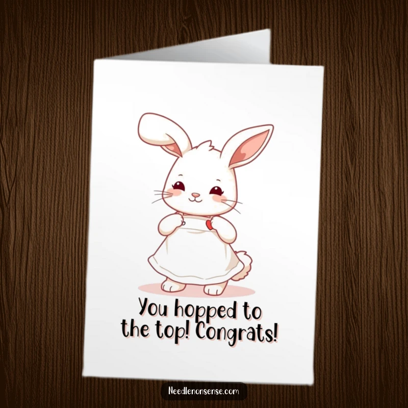 Funny Free Printable Congrats Card: Cute bunny wearing an apron, sewing a small heart, celebrating love and achievement.