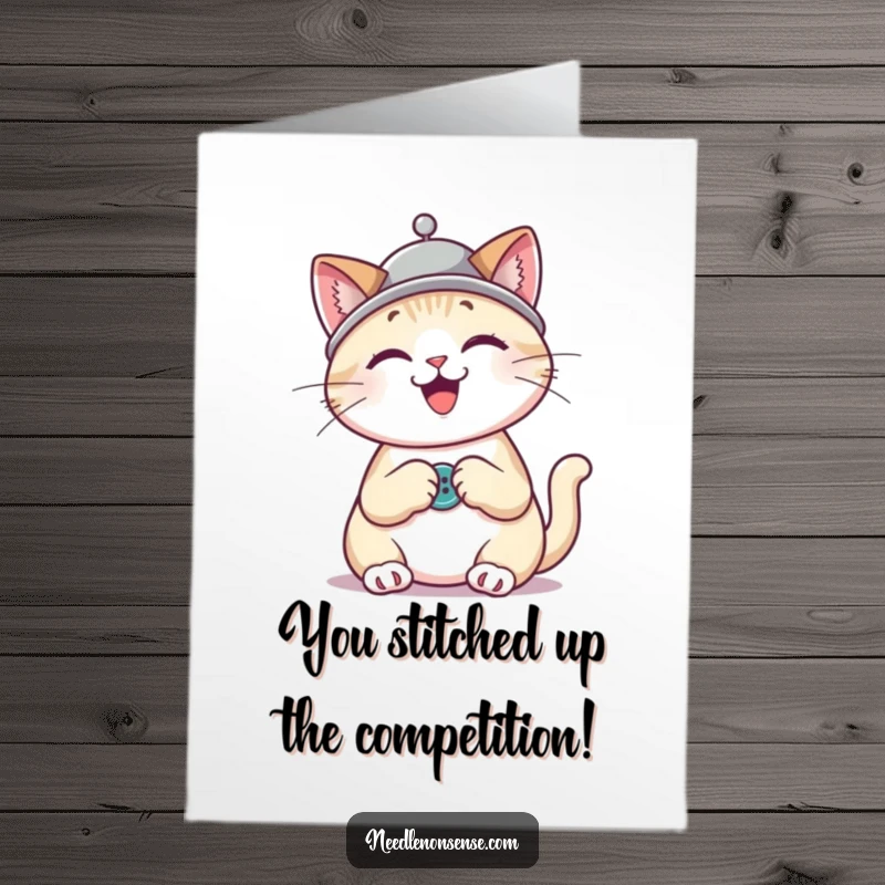 Funny Free Printable Congrats Card: Happy cat with a thimble hat, enthusiastically sewing a button, celebrating accomplishment.