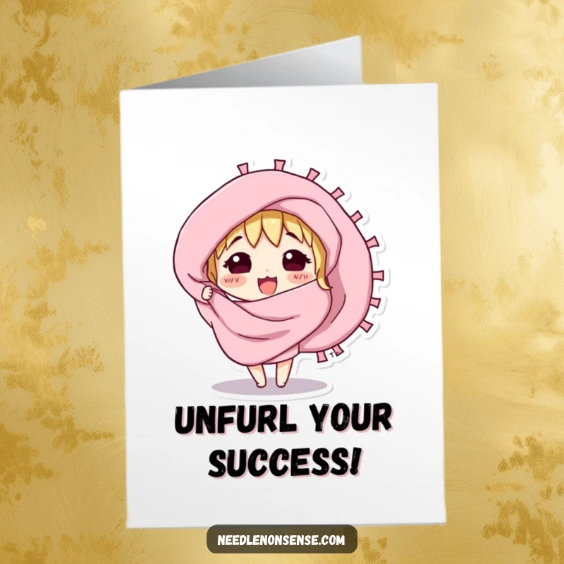 Funny Free Printable Congratulations Card: a curious fabric swatch character excitedly unfurling vibrant material, signifying a grand reveal.