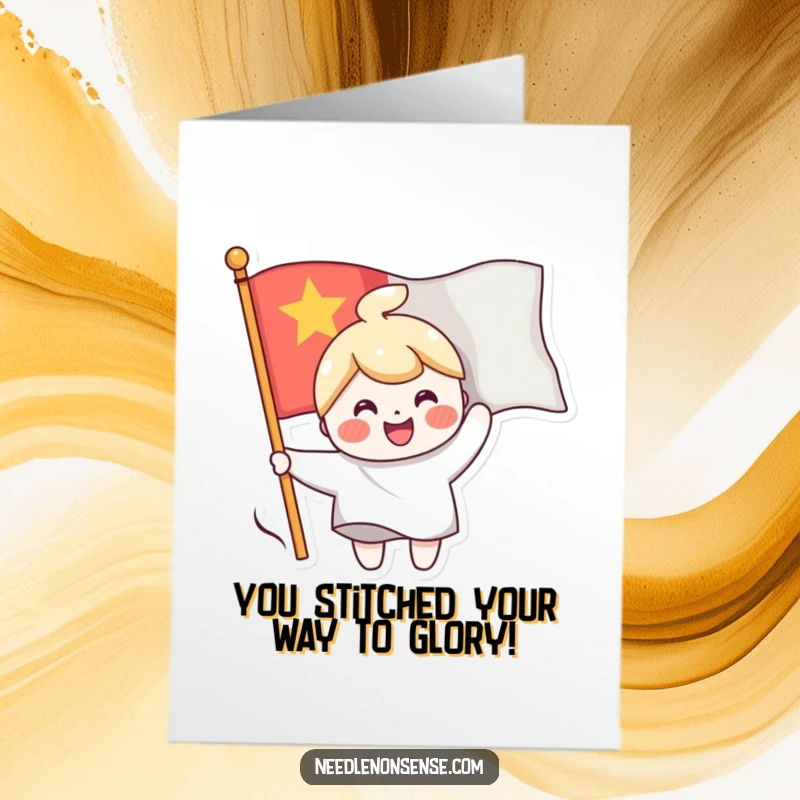 Funny Free Printable Congrats Card: Cheerful character sewing a smiling face onto a waving flag, symbolizing victory and joy.