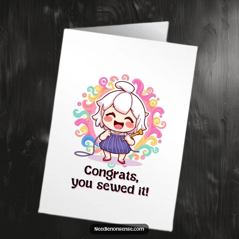 Funny Free Printable Congratulations Card: A happy needle character is joyfully creating a vibrant, swirling pattern with thread, artistic.