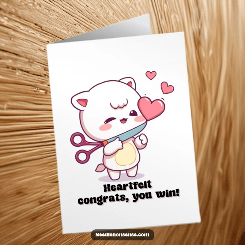 Funny Free Printable Congratulations Card with a mischievous character cutting a floating heart, perfect for any celebration.