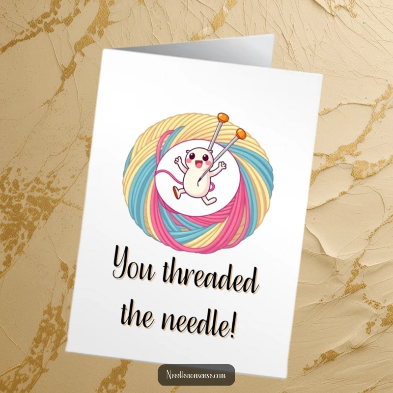 Funny Free Printable Congratulations Card: A determined needle character leaping through a colorful thread loop, symbolizing triumph.