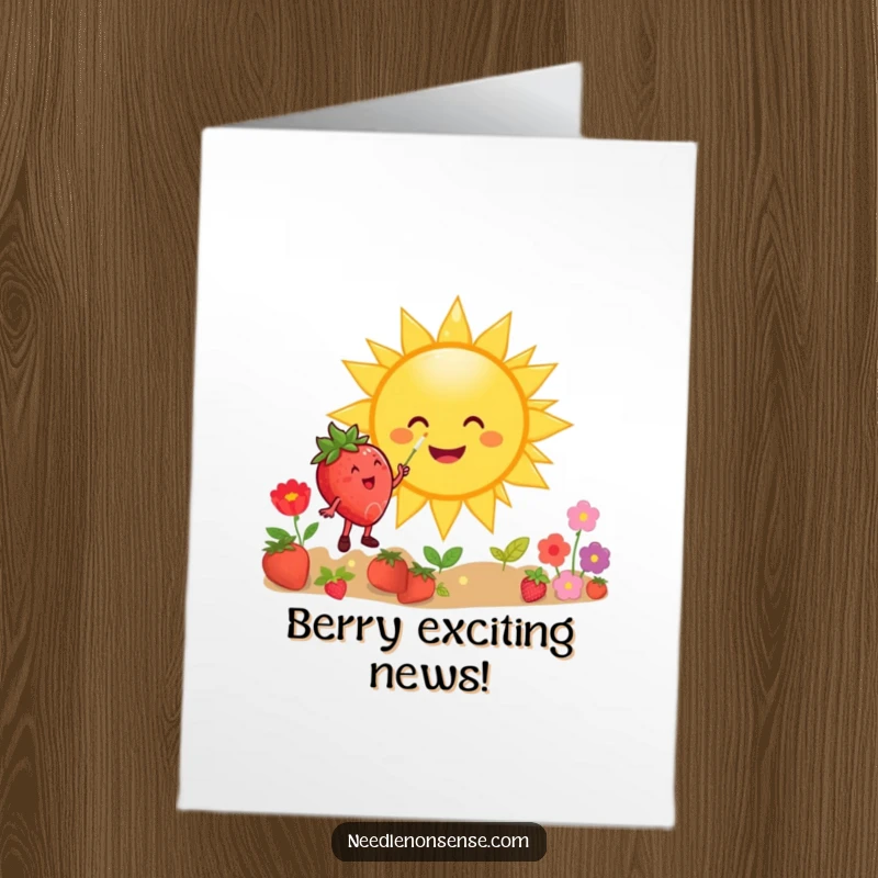 Funny Free Printable Congrats Card: A happy strawberry joyfully paints a giant smiling sun, a delightful DIY gift.