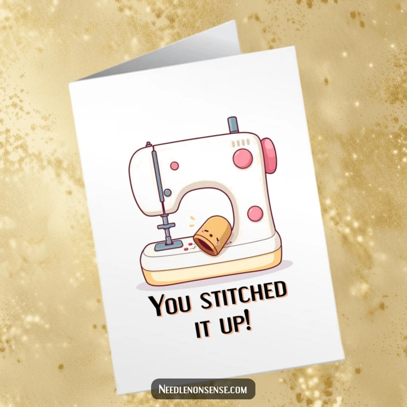 Free printable congratulations card showcasing a thimble hilariously losing its balance on a sewing machine.