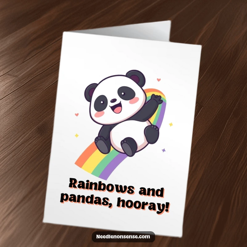 Funny Free Printable Congratulations Card: A kawaii panda joyfully slides down a vibrant rainbow, celebrating big wins.