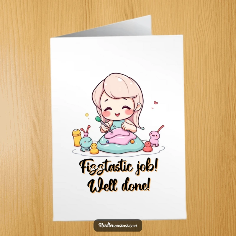 Funny Free Printable Congratulations Card: a bubbly soda character sculpting tiny figures with colorful putty.