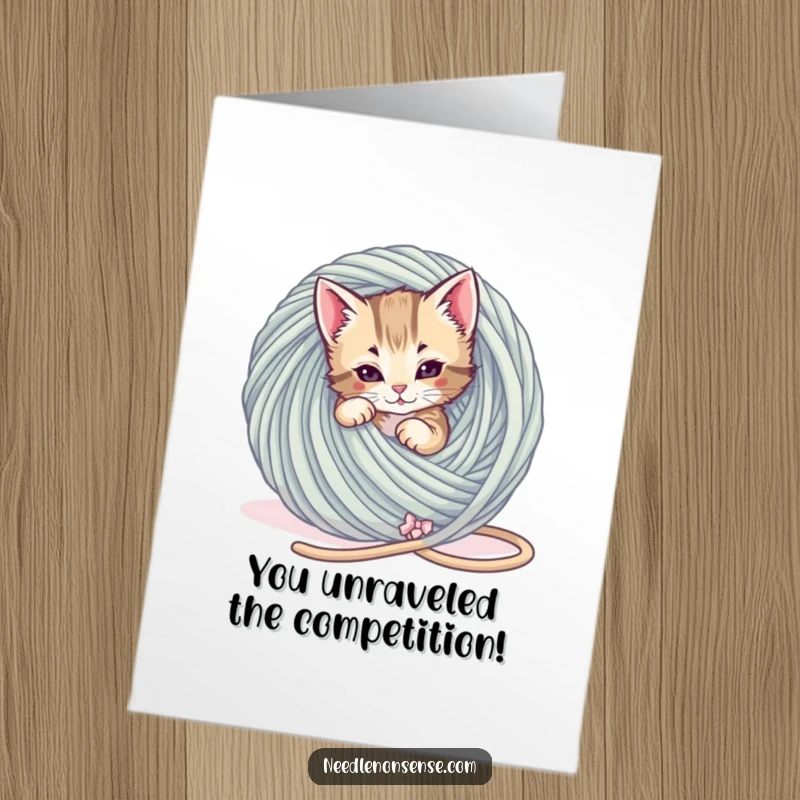 Funny Free Printable Congratulations Card: Playful kitten completely tangled in yarn, celebrating success with humor.