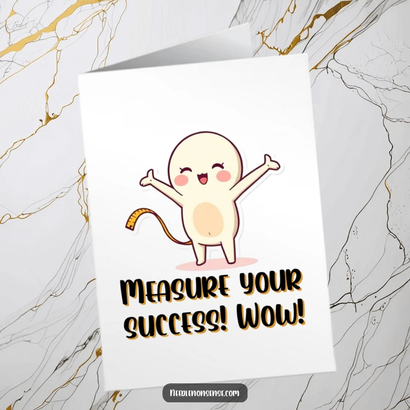 Funny Free Printable Congratulations Card featuring a whimsical measuring tape character stretching out energetically to convey success.