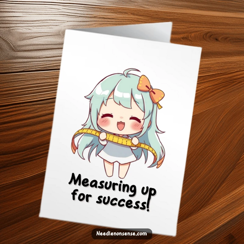 Funny Free Printable Congrats Card: Character enthusiastically measuring a long ribbon, celebrating a success that's perfectly measured.