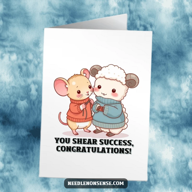 Funny Free Printable Congratulations Card: Mouse knits a sweater for a sheep, celebrating achievement with charm.