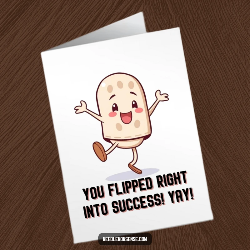 Funny Free Printable Congrats Card: A playful thimble character executes a perfect and triumphant cartwheel, celebrating success.