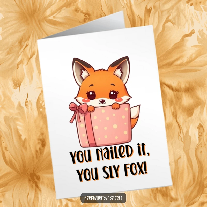 Funny Free Printable Congrats Card: Adorable kawaii fox peeking from behind a colorful gift, celebrating success.