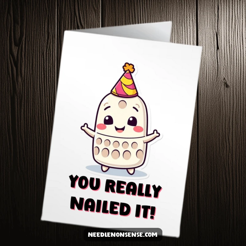 Funny Free Printable Congratulations Card: A smiling thimble character wearing a party hat, spinning with celebratory glee.